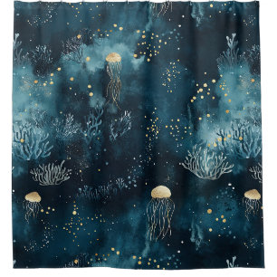 Navy Underwater Jellyfish Marine Life Pattern Shower Curtain
