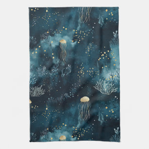 Navy Underwater Jellyfish Marine Life Pattern Tea Towel