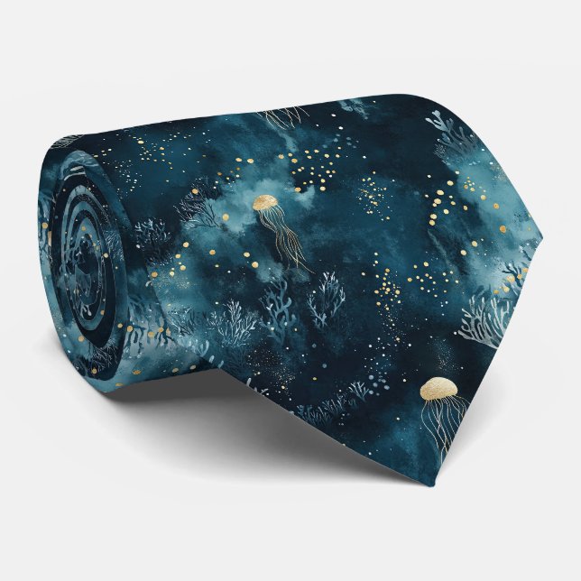 Navy Underwater Jellyfish Marine Life Pattern Tie (Rolled)