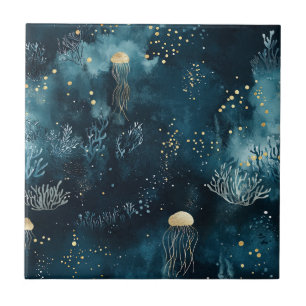 Navy Underwater Jellyfish Marine Life Pattern Tile