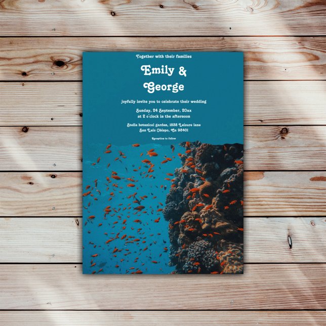 Navy Underwater Sea Fish Reefs Ocean Beach Wedding Invitation (Creator Uploaded)