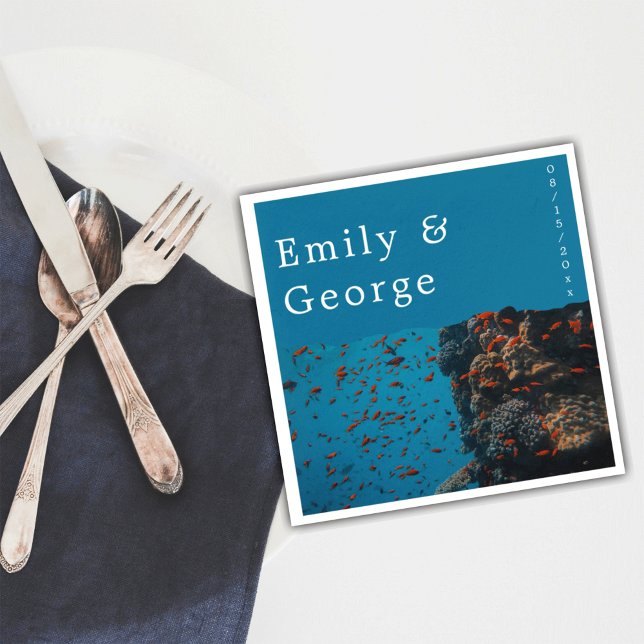 Navy Underwater Sea Fish Reefs Ocean Beach Wedding Napkin (Creator Uploaded)