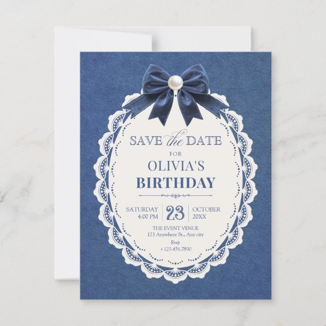 Navy velvet bow vintage elegant  save the date (Front)