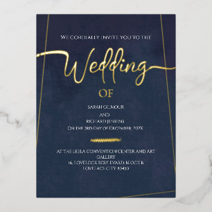 Navy Velvet Gold Foil Calligraphy Wedding Invitation Postcard