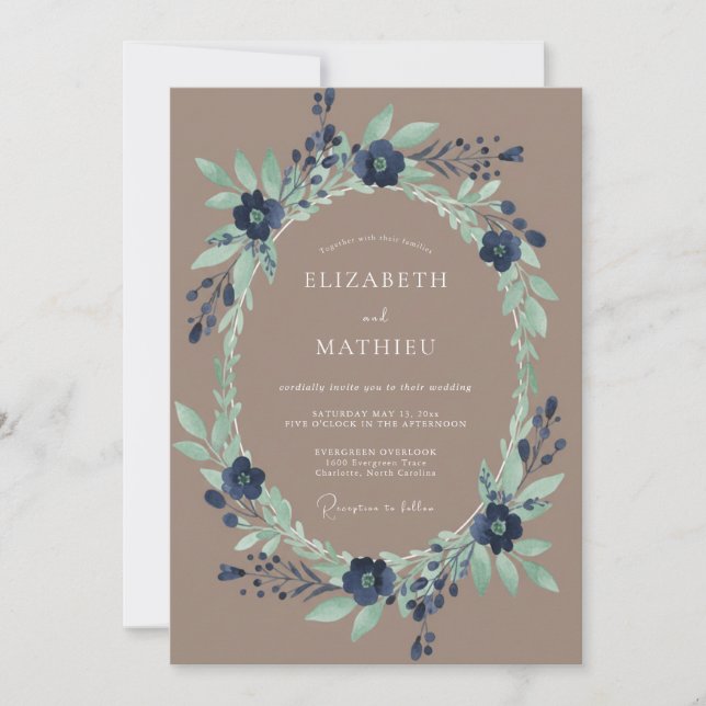 Navy Verdant Bloom Wedding Invitation (Front)