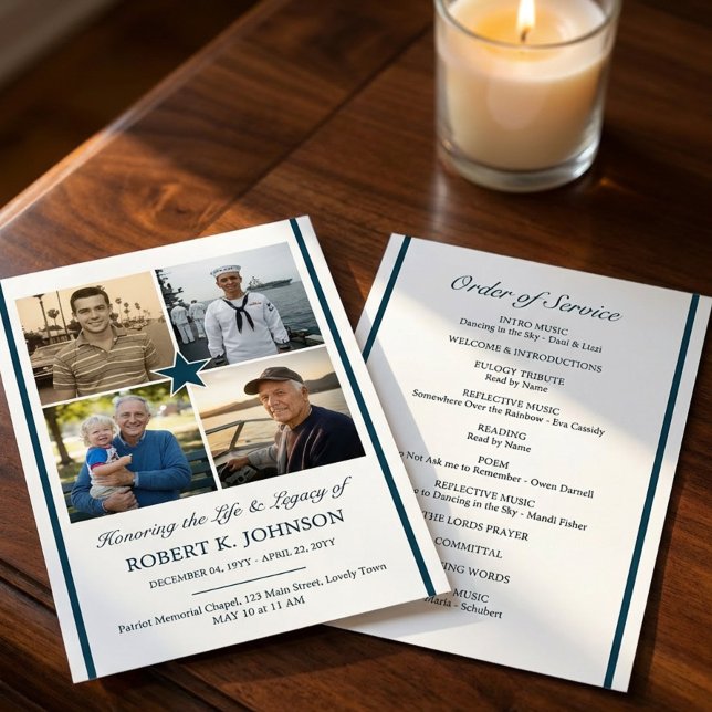 Navy Veteran 4 Photo Collage Flat Funeral Program Invitation (Double sided Order of Service funeral program 4 photos - designed for Navy Veteran or ex-serviceman)