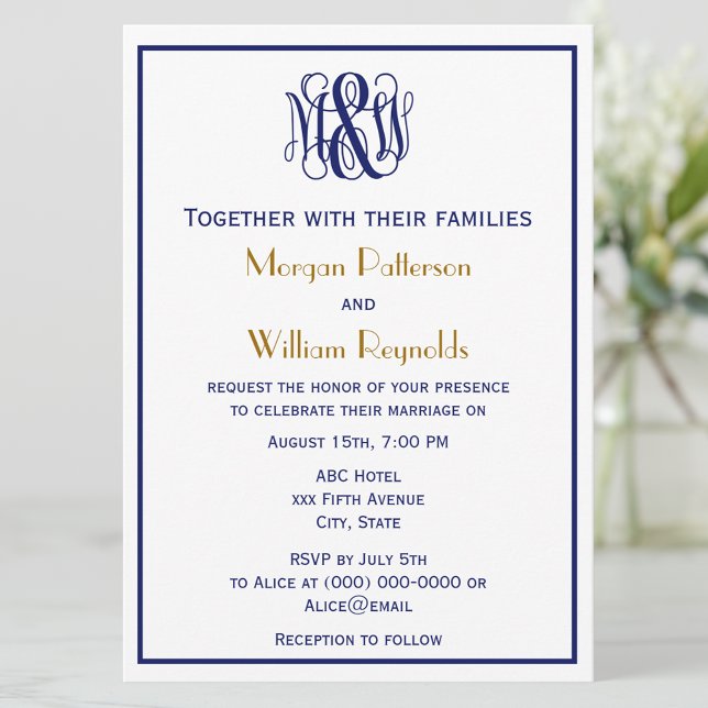 Navy Vine Script Monogram B&G DIY BG Wedding Invitation (Creator Uploaded)