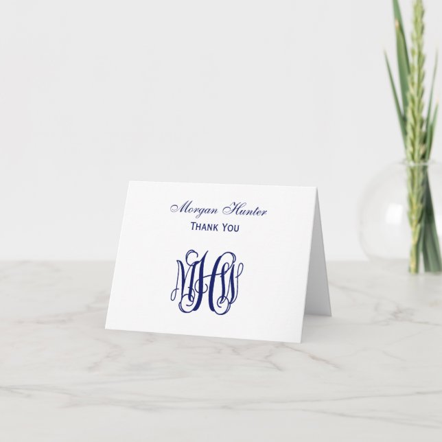 Navy Vine Script Monogram DIY BG Thank You Card (Front)