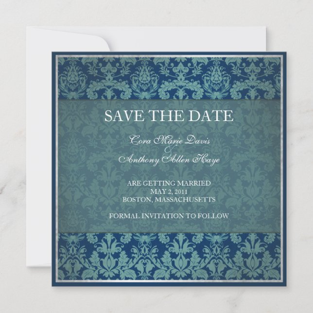 Navy Vintage Damask Save the date card (Front)
