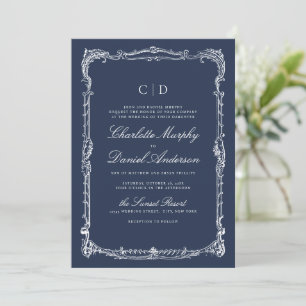 Navy Vintage Frame Classic Script Monogram Wedding Invitation