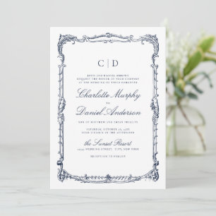 Navy Vintage Frame Classic Script Monogram Wedding Invitation