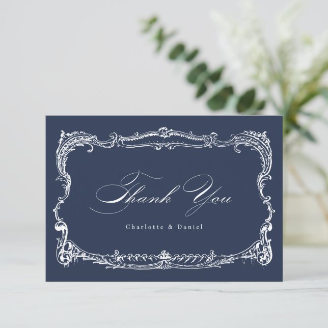 Navy Vintage Frame Classic Script  Thank You Card (Standing Front)