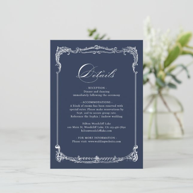 Navy Vintage Frame Classic Script Wedding Details Card (Standing Front)