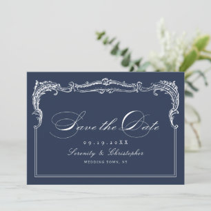 Navy Vintage Frame Classic Script Wedding Save The Date