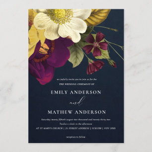 NAVY VINTAGE RETRO BURGUNDY YELLOW FLORAL WEDDING INVITATION
