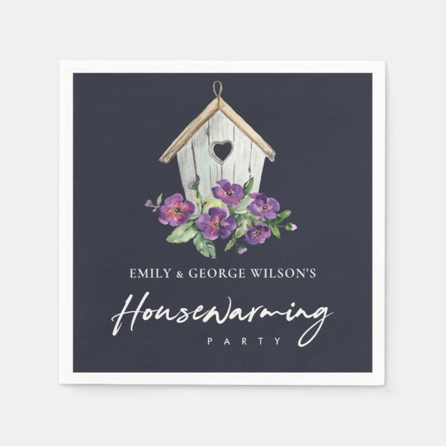 NAVY VIOLET FLORAL BIRD HOUSE HOUSEWARMING PARTY NAPKIN (Front)