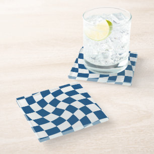 Navy Warped Retro Checks Chequerboard Pattern    Glass Coaster