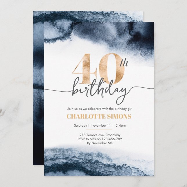 Navy watercolor and gold 40th birthday invitation (Front/Back)