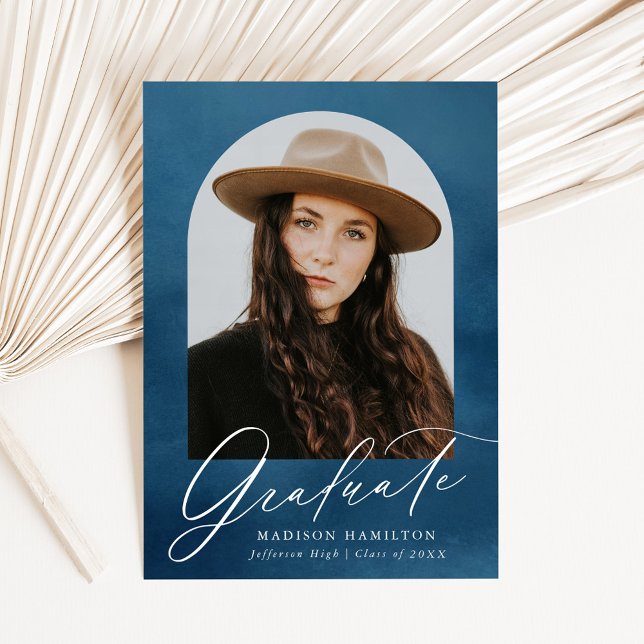 Navy Watercolor Arch Photo Graduation Announcement (Creator Uploaded)
