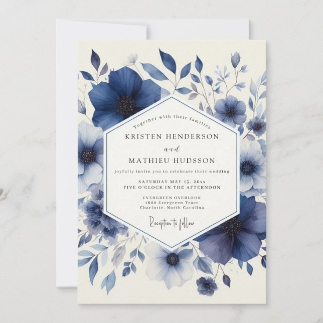 Navy Watercolor Bloom Wedding Invitation (Front)