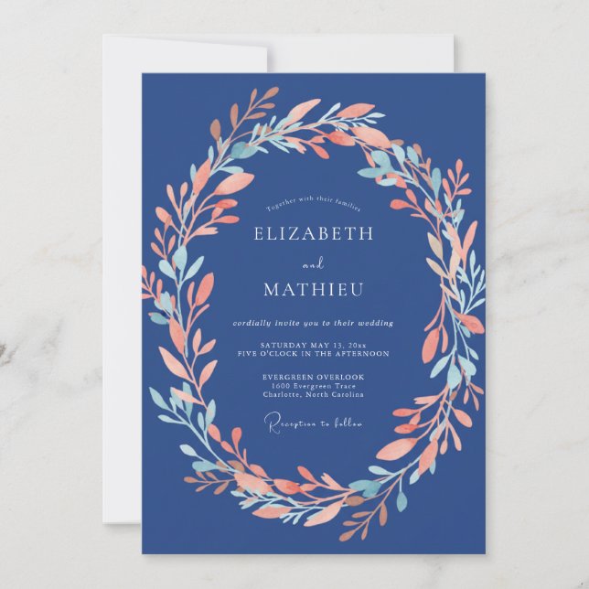 Navy Watercolor Blossom Romance Wedding Invitation (Front)