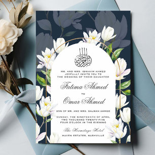 Navy Watercolor Botanical Islamic Muslim Wedding Invitation