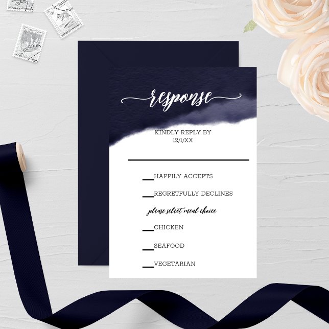Navy Watercolor Brush Stroke Wedding RSVP Card (Creator Uploaded)