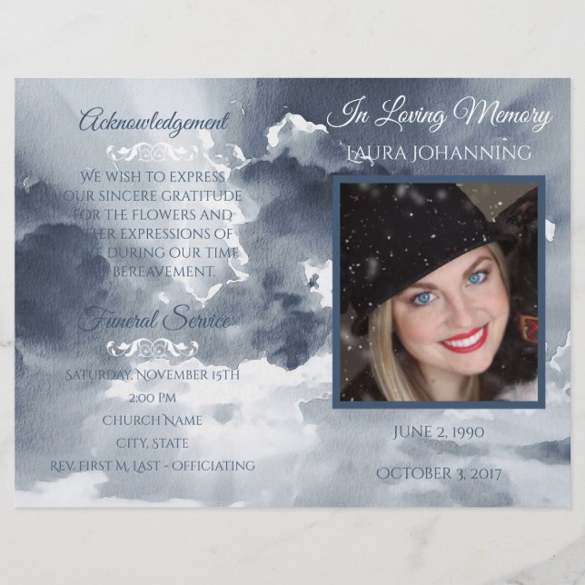 Navy Watercolor Clouds Photo Funeral Program (Front)