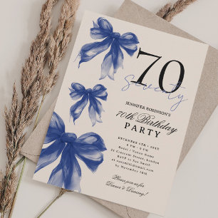Navy Watercolor Coquette Bow 70th Birthday Beige Invitation