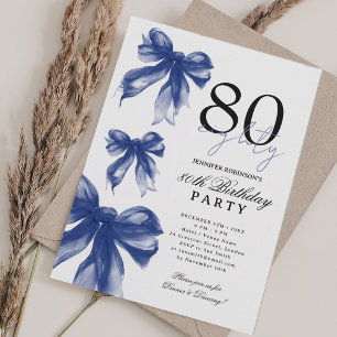 Navy Watercolor Coquette Bow 80th Birthday Invitation