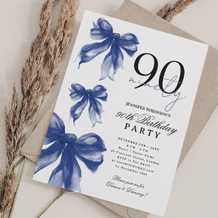 Navy Watercolor Coquette Bow 90th Birthday Party Invitation