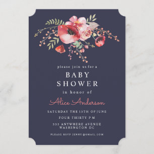 Navy Watercolor Floral Poppies Baby Shower Invite