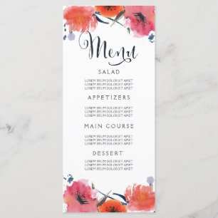 Navy Watercolor Floral Wedding Menu Cards