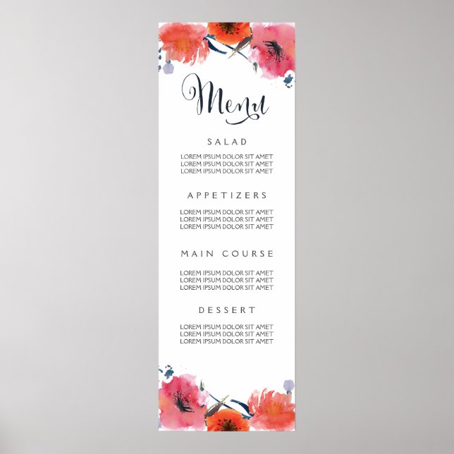 Navy Watercolor Floral Wedding Menu  Poster (Front)