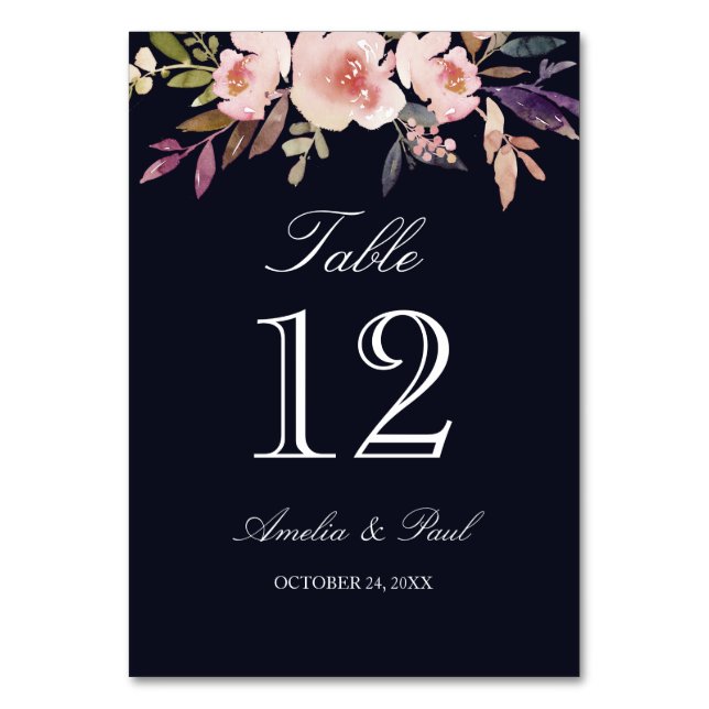 Navy Watercolor Floral Wedding Table Number Cards (Front)