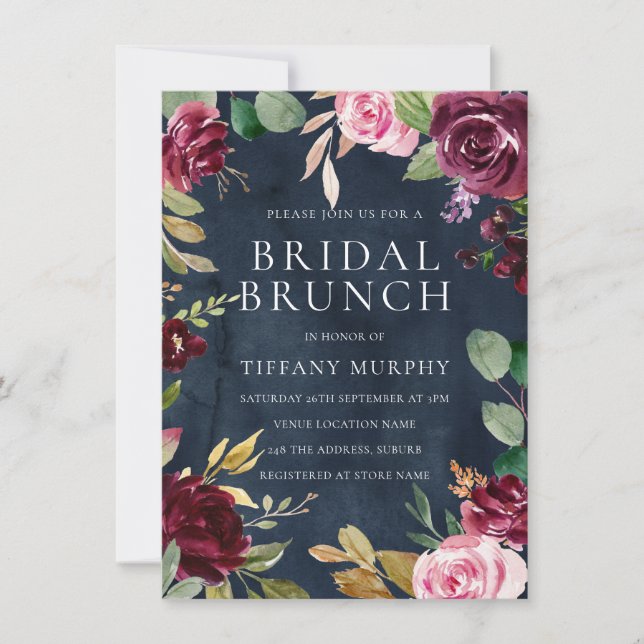 Navy Watercolor Floral Wreath Bridal Shower Brunch Invitation (Front)