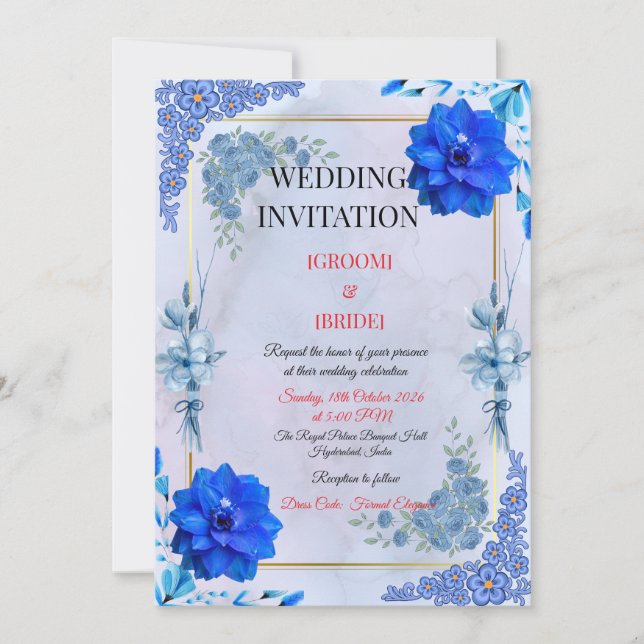 Navy Watercolor Flower Wedding Invite (Front)