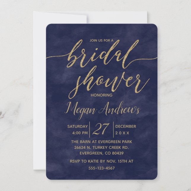Navy Watercolor Gold Foil Bridal Shower Invitation (Front)