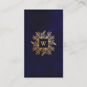 Navy Watercolor & Gold Foliage Monogram Emblem Business Card