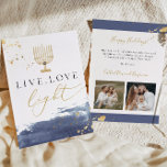 Navy Watercolor Gold Menorah Hanukkah Card<br><div class="desc">This Hanukkah greeting card features a navy blue watercolor smudge,  gold foil splatters,  a golden watercolor menorah and the saying "live love light" in honour of the festival of lights. Easily edit *most* wording and update the photographs to update your friends and families this holiday season.</div>