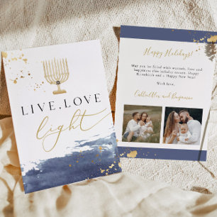 Navy Watercolor Gold Menorah Hanukkah Card