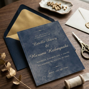 Navy Watercolor Gold Script Elegant Formal Wedding Invitation