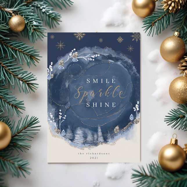 Navy Watercolor Ink & Jewels Winter Night Holiday Card (Navy Watercolor Ink & Jewels Winter Night Holiday Card)
