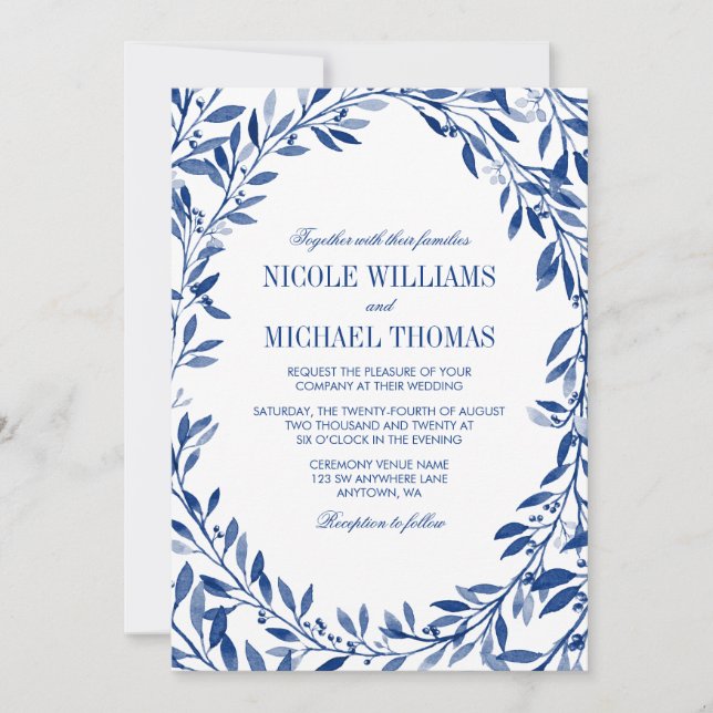 Navy Watercolor Laurel Wreath Wedding Invitation (Front)