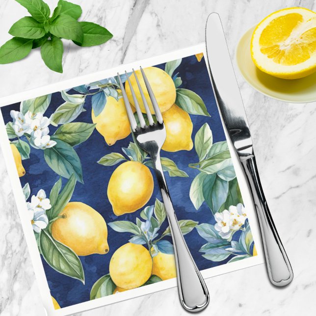 Navy Watercolor Lemons Pattern European Italian Napkin (Creator Uploaded)