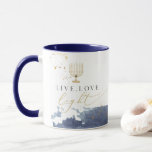 Navy Watercolor Menorah Live Love Light Hanukkah Mug<br><div class="desc">This Hanukkah ceramic mug features a navy blue watercolor smudge with golden foil specs, a gold watercolor menorah and the saying "Live, love, light" in honour of the festival of lights. This mug makes the perfect addition to your holiday decor or a great gift for hot cocoa and evenings in....</div>