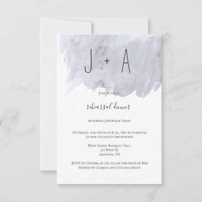 Navy watercolor rehearsal dinner invitations (Front)