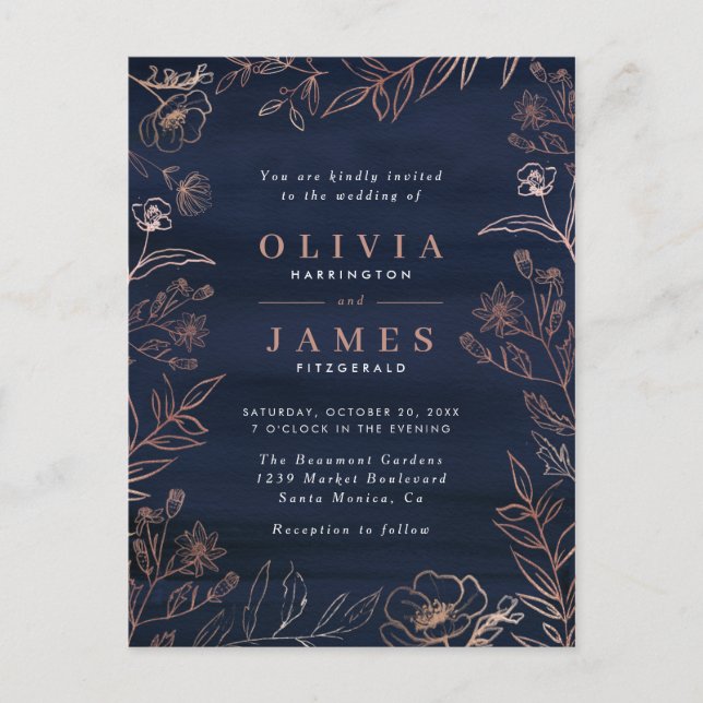 Navy Watercolor & Rose Gold Floral Wedding Invitation Postcard (Front)