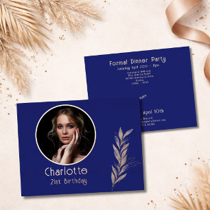 Navy Watercolor RoseGold Leaf Photo 21st Birthday  Foil Invitation Postcard