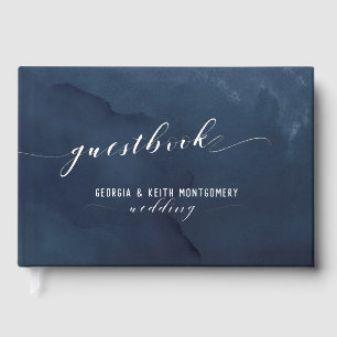 Navy Watercolor Silver Script Elegant Wedding Guest Book